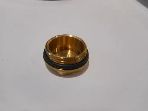 Goldfarbener Messingstopfen mit einer schwarzen Dichtung, verwendet in Verbindung mit Remeha-Produkten zur Abdichtung von Rohrverbindungen.